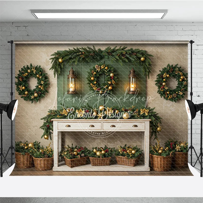 Lofaris Farmhouse Christmas Photography Backdrop Green Wall with Wreaths and Lanterns Rustic Holiday Photo Background