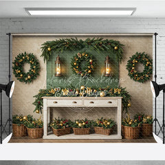 Lofaris Farmhouse Christmas Photography Backdrop Green Wall with Wreaths and Lanterns Rustic Holiday Photo Background