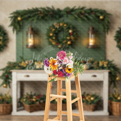 Lofaris Farmhouse Christmas Photography Backdrop Green Wall with Wreaths and Lanterns Rustic Holiday Photo Background
