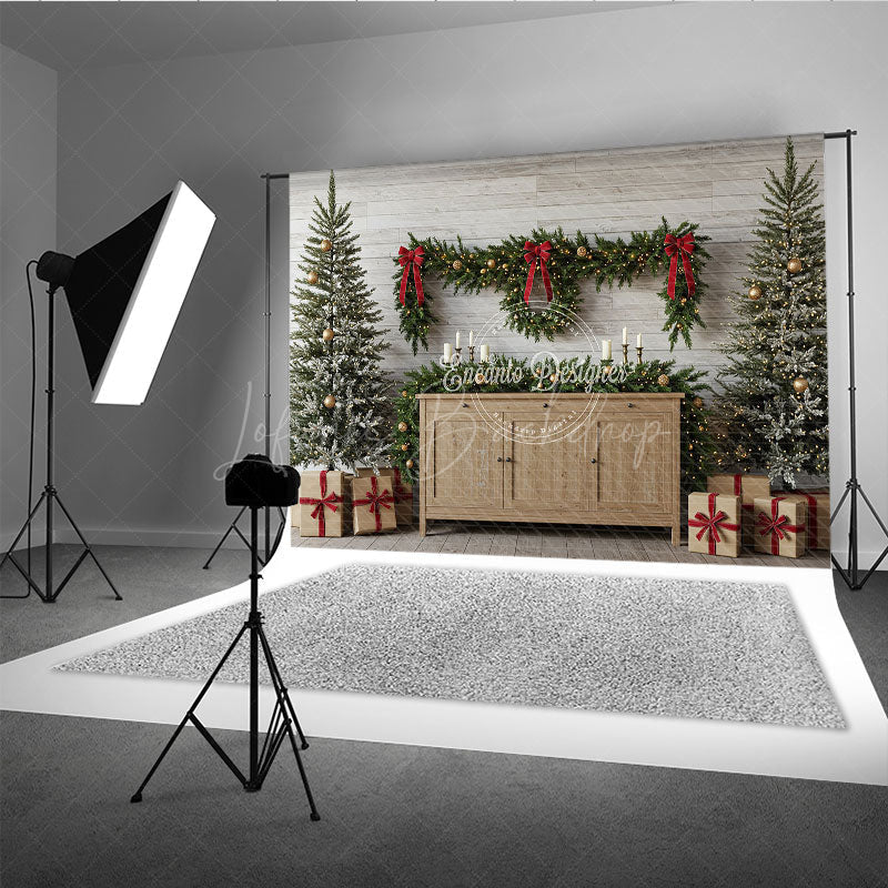 Lofaris Farmhouse Christmas Photography Backdrop Rustic Wood Console with Flocked Trees Holiday Mini Session Background