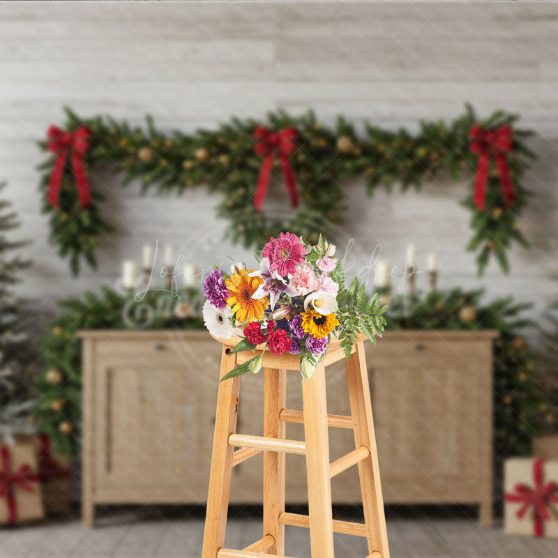 Lofaris Farmhouse Christmas Photography Backdrop Rustic Wood Console with Flocked Trees Holiday Mini Session Background