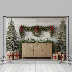 Lofaris Farmhouse Christmas Photography Backdrop Rustic Wood Console with Flocked Trees Holiday Mini Session Background