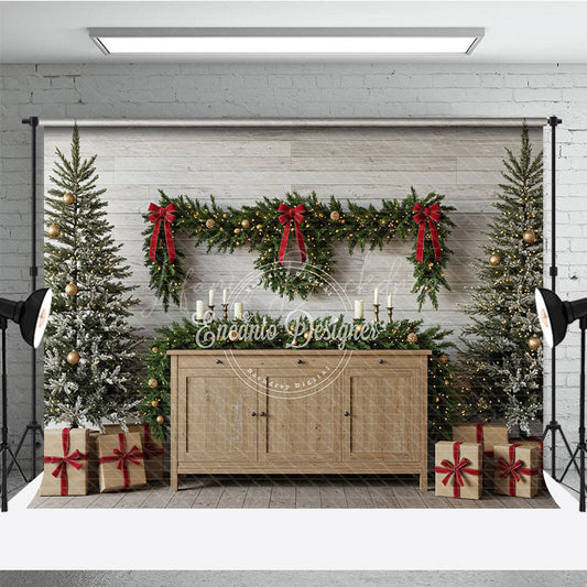 Lofaris Farmhouse Christmas Photography Backdrop Rustic Wood Console with Flocked Trees Holiday Mini Session Background
