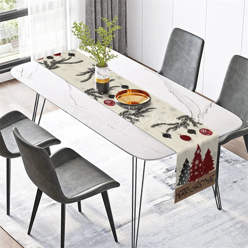 Lofaris Farmhouse Christmas Table Runner Beige Burlap with Pine Branch Plaid Trees Holiday Decor