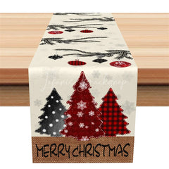 Lofaris Farmhouse Christmas Table Runner Beige Burlap with Pine Branch Plaid Trees Holiday Decor