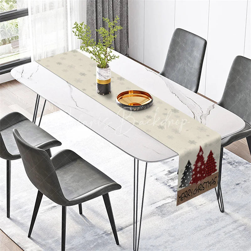 Lofaris Farmhouse Christmas Table Runner Beige Burlap with Plaid Trees Merry Decor