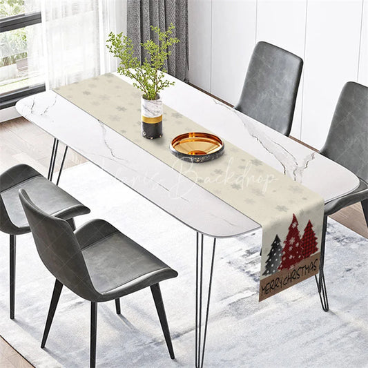 Lofaris Farmhouse Christmas Table Runner Beige Burlap with Plaid Trees Merry Decor