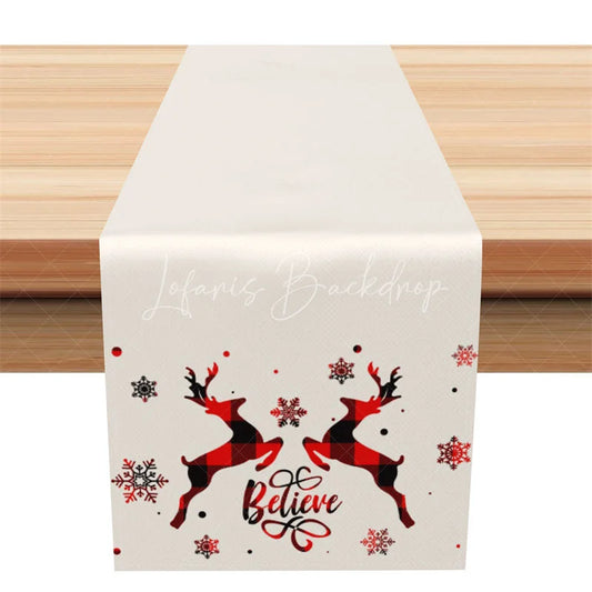 Lofaris Farmhouse Christmas Table Runner Beige with Plaid Reindeer Believe Text Holiday Decor