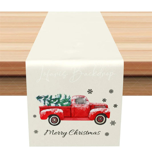 Lofaris Farmhouse Christmas Table Runner Beige with Vintage Red Truck Merry Holiday Decor