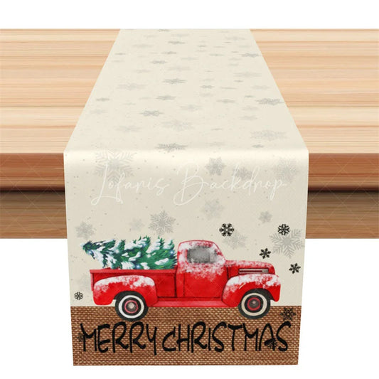 Lofaris Farmhouse Christmas Table Runner Beige Snowflake Vintage Red Truck Holiday Decor