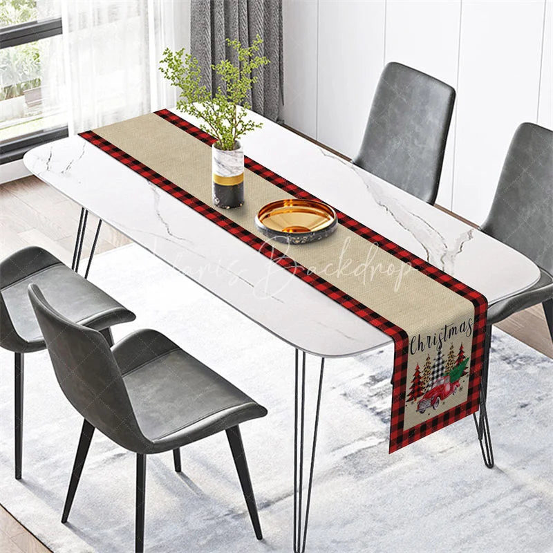 Lofaris Farmhouse Christmas Table Runner Burlap with Red Truck Buffalo Plaid Border Decor