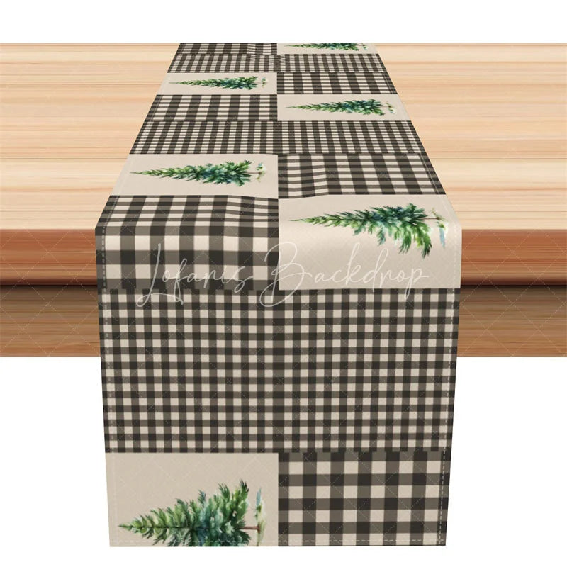 Lofaris Farmhouse Christmas Table Runner Grey Plaid with Pine Trees Rustic Woodland Holiday Decor