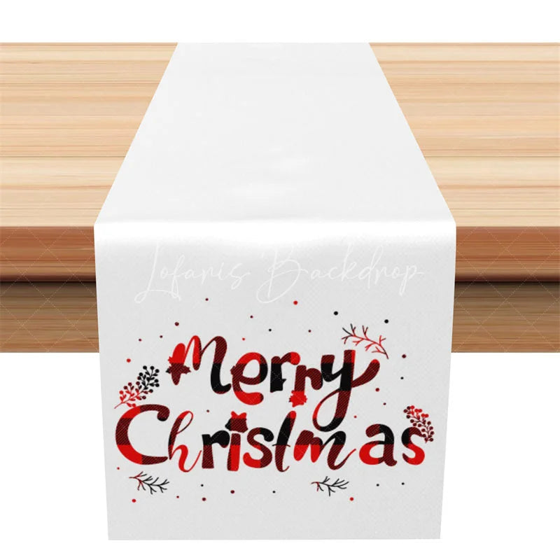 Lofaris Farmhouse Christmas Table Runner White with Plaid Text Modern Minimalist Holiday Decor