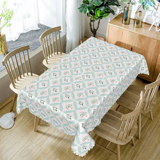 Lofaris Farmhouse Floral Geometric Rectangle Tablecloth Mint Green with Pink Flowers Cottage Style Kitchen Decor