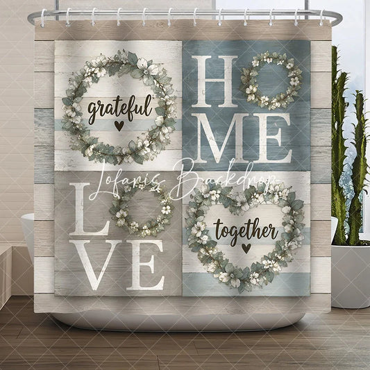 Lofaris Farmhouse Grateful Home Love Together Floral Wreath Shower Curtain Rustic Wood Plank Bathroom Decor