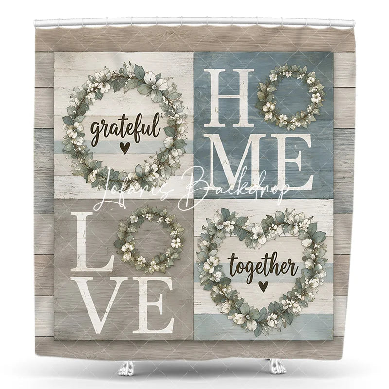 Lofaris Farmhouse Grateful Home Love Together Floral Wreath Shower Curtain Rustic Wood Plank Bathroom Decor