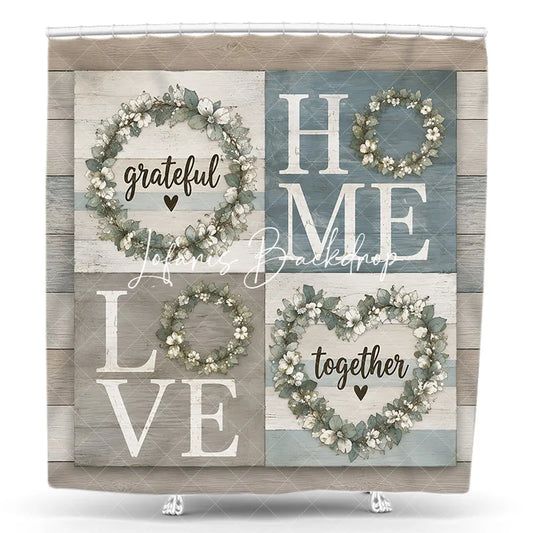 Lofaris Farmhouse Grateful Home Love Together Floral Wreath Shower Curtain Rustic Wood Plank Bathroom Decor