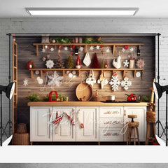 Lofaris Farmhouse Pantry Christmas Backdrop Wooden Shelves White Ornaments Rustic Kitchen Wall Photo Background