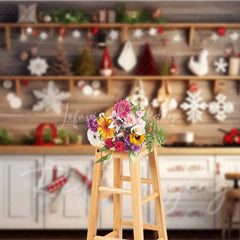 Lofaris Farmhouse Pantry Christmas Backdrop Wooden Shelves White Ornaments Rustic Kitchen Wall Photo Background