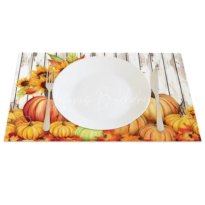 Lofaris Faux Wood Texture Set of 4 Placemats with Pumpkin and Sunflower for Rustic Fall Thanksgiving