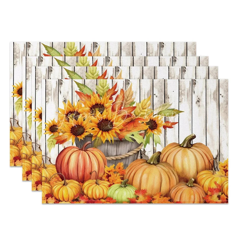 Lofaris Faux Wood Texture Set of 4 Placemats with Pumpkin and Sunflower for Rustic Fall Thanksgiving