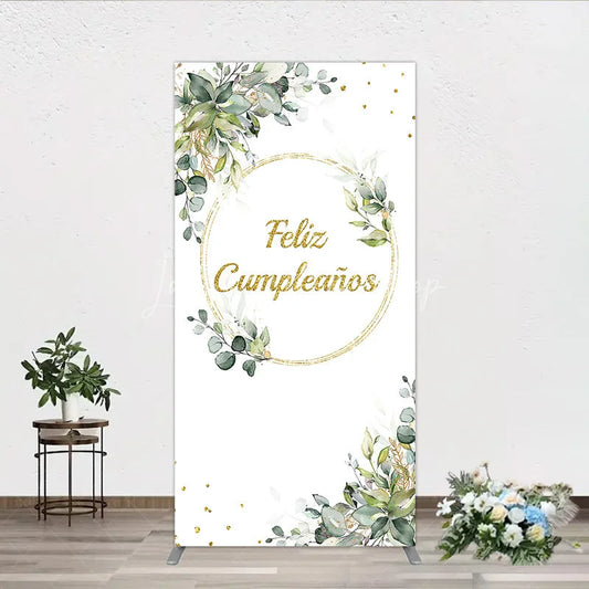 Lofaris Feliz Cumplea?os Rectangle Backdrop Eucalyptus Greenery Gold Frame Birthday Party Decor