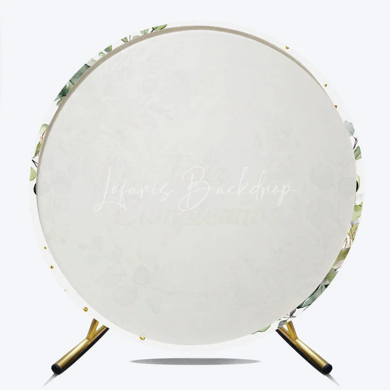 Lofaris Feliz Cumpleanos Eucalyptus Round Backdrop Green Leaves and Gold Glitter Ring Birthday Background
