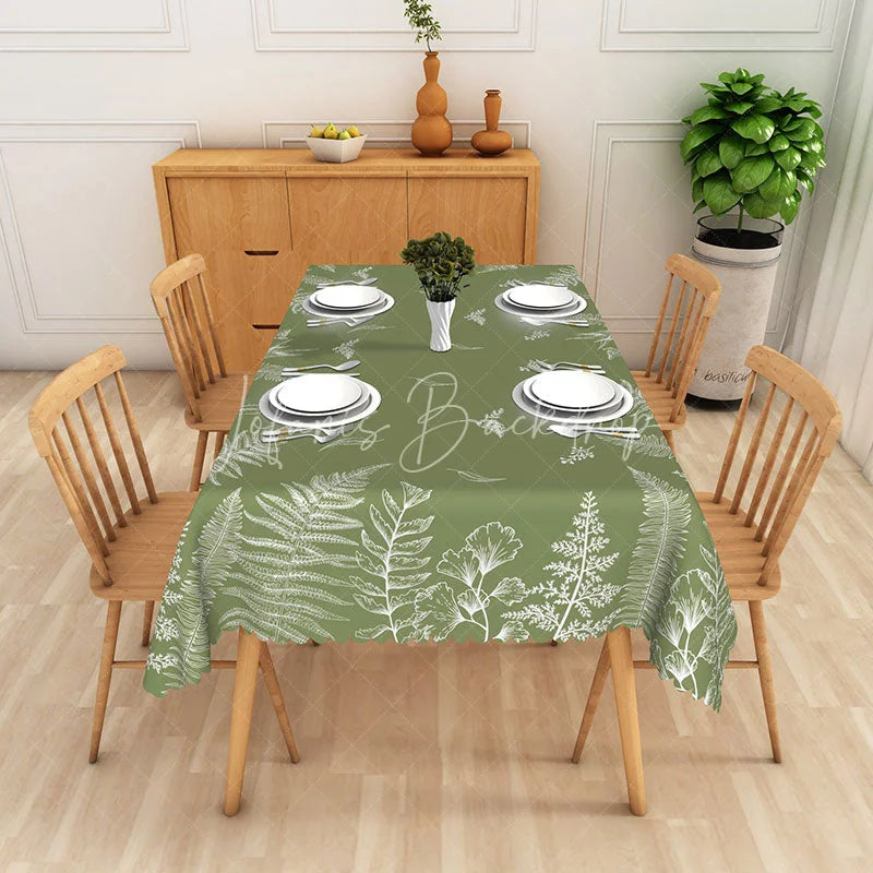 Lofaris Fern Leaf Rectangle Tablecloth Sage Green Botanical Line Art Dining Table Decor