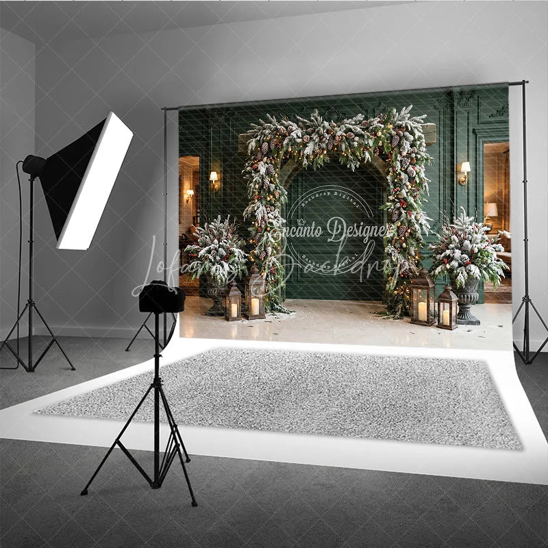 Lofaris Festive Archway Holiday Backdrop with Frosted Pine Pinecones and Warm Lights Elegant Winter Decor