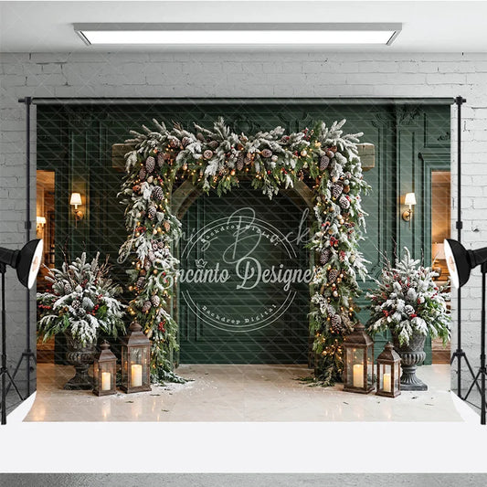 Lofaris Festive Archway Holiday Backdrop with Frosted Pine Pinecones and Warm Lights Elegant Winter Decor