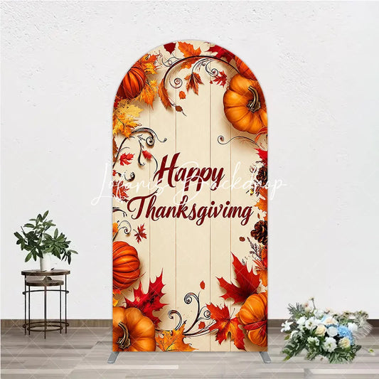 Lofaris Festive Autumn Happy Thanksgiving Round Top Arch Backdrop with Pumpkins and Fall Leaves Rustic Wooden Background Decor