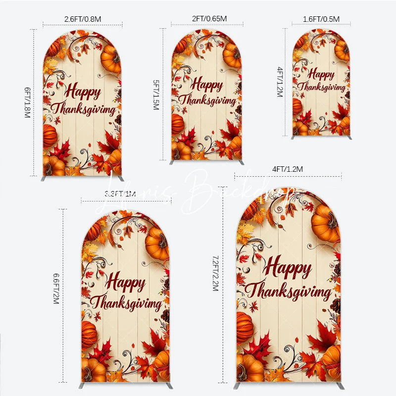 Lofaris Festive Autumn Happy Thanksgiving Round Top Arch Backdrop with Pumpkins and Fall Leaves Rustic Wooden Background Decor