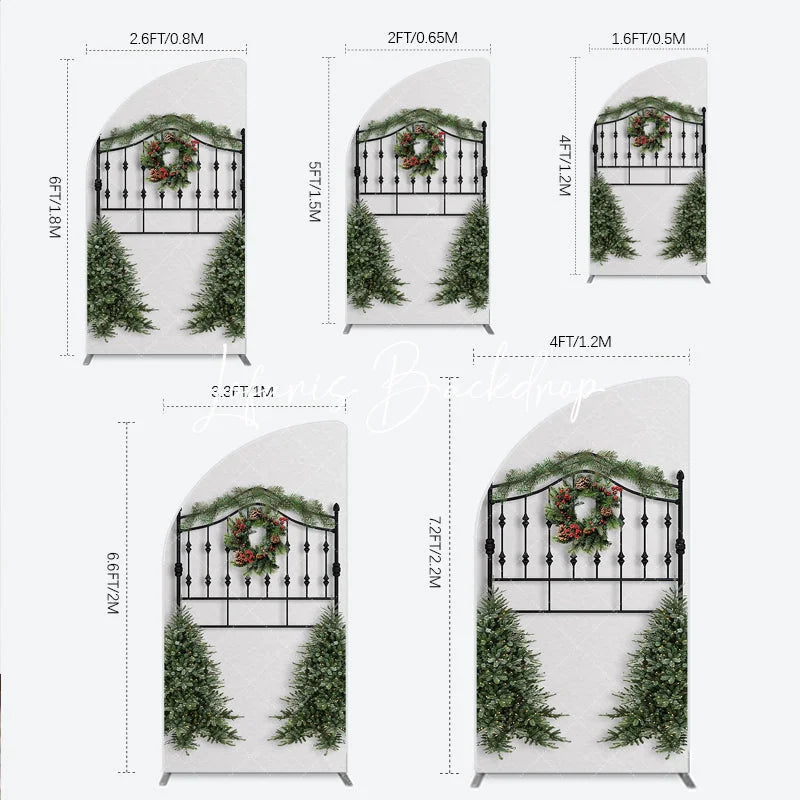 Lofaris Festive Black Metal Half Moon Arch Backdrop with Christmas Wreath Pine Garland and Red Berries Holiday Party Decor.