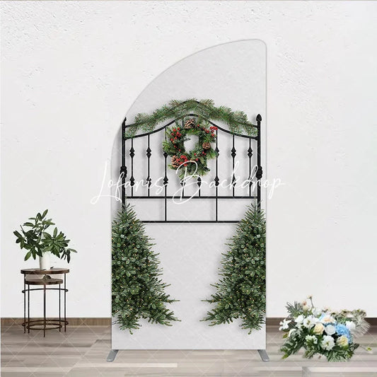 Lofaris Festive Black Metal Half Moon Arch Backdrop with Christmas Wreath Pine Garland and Red Berries Holiday Party Decor.