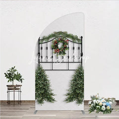 Lofaris Festive Black Metal Half Moon Arch Backdrop with Christmas Wreath Pine Garland and Red Berries Holiday Party Decor.