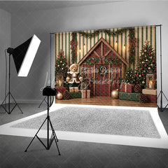 Lofaris Festive Christmas Cabin and Teddy Bear Holiday Backdrop Decorated Trees with Gifts Winter Decor