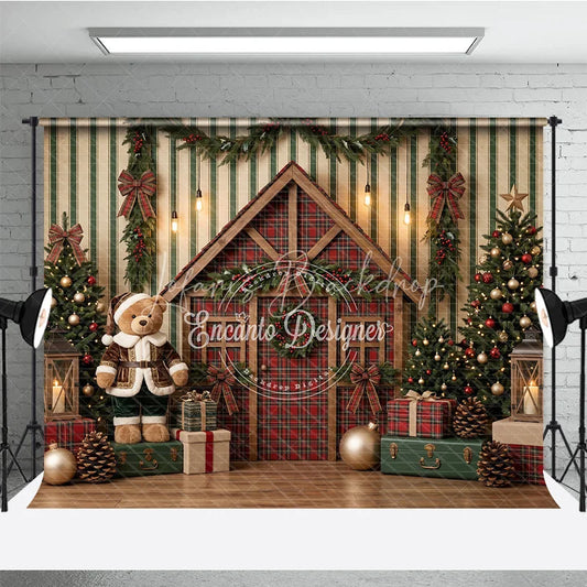 Lofaris Festive Christmas Cabin and Teddy Bear Holiday Backdrop Decorated Trees with Gifts Winter Decor