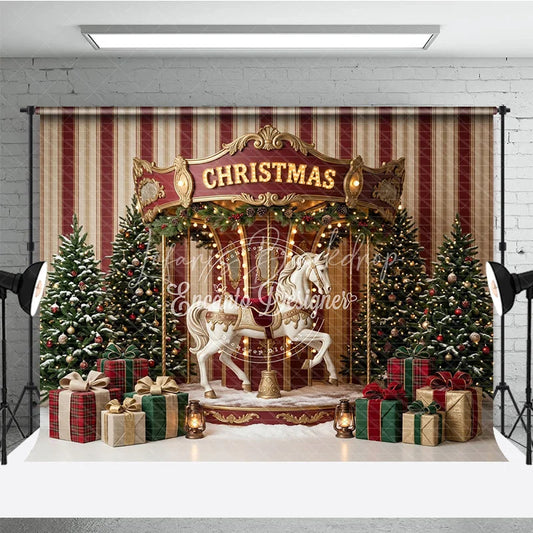 Lofaris Festive Christmas Carousel Horse Holiday Backdrop Elegant Snow Dusted Trees and Plaid Gift Boxes