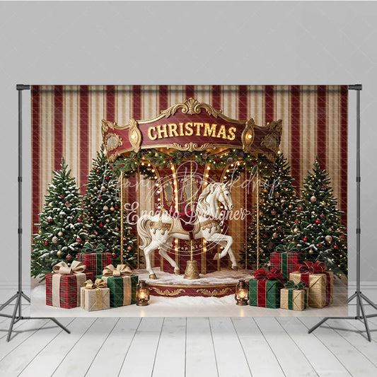 Lofaris Festive Christmas Carousel Horse Holiday Backdrop Elegant Snow Dusted Trees and Plaid Gift Boxes