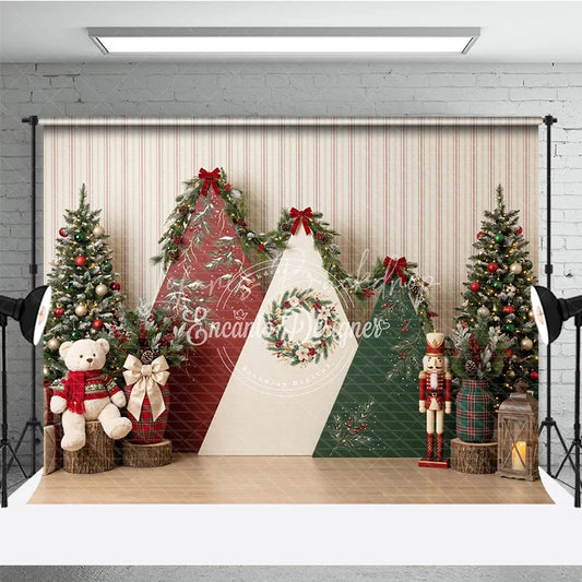 Lofaris Festive Christmas Holiday Backdrop with Decorated Trees and Triangular Winter Panels Cozy Decor