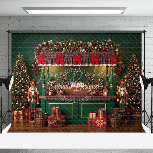 Lofaris Festive Christmas Market Stall Holiday Backdrop with Plaid Canopy Decorated Trees and Wrapped Gifts