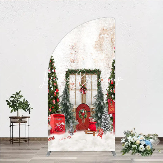 Lofaris Festive Christmas Scene Half Moon Arch Backdrop with Decorated Trees Red Door and Snow Winter Holiday Party Decor