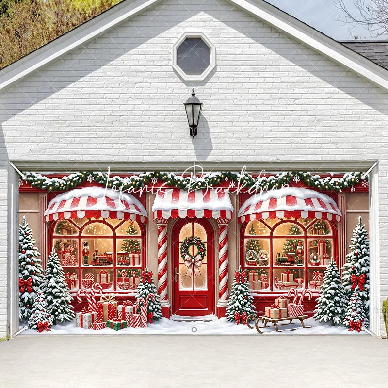 Lofaris Festive Christmas Storefront Garage Door Banner Snowy Holiday Toy Shop with Gifts and Nutcracker Train Decor