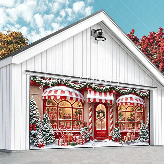 Lofaris Festive Christmas Storefront Garage Door Banner Snowy Holiday Toy Shop with Gifts and Nutcracker Train Decor