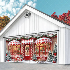 Lofaris Festive Christmas Storefront Garage Door Banner Snowy Holiday Toy Shop with Gifts and Nutcracker Train Decor