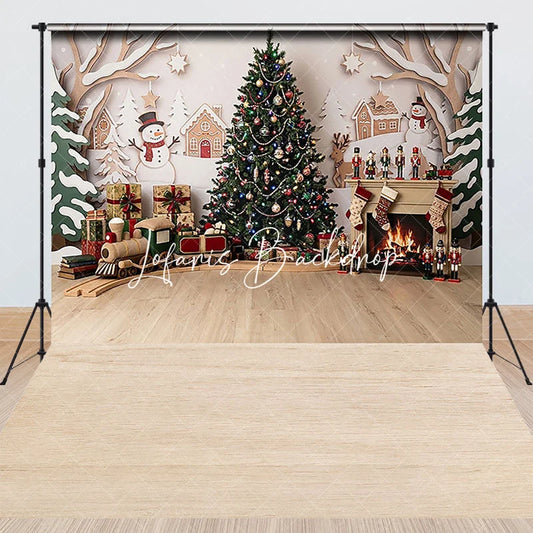 Lofaris Festive Christmas Tree and Fireplace Combo Set Backdrop with Gifts Toy Train Snowmen for Holiday Party Photography