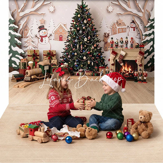Lofaris Festive Christmas Tree and Fireplace Combo Set Backdrop with Gifts Toy Train Snowmen for Holiday Party Photography