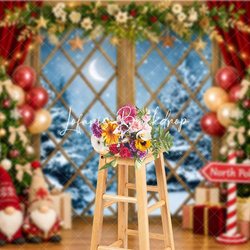 Lofaris Festive Christmas Tree and Snowy Window Holiday Backdrop Winter Wonderland Decor with Gnomes North Pole Sign
