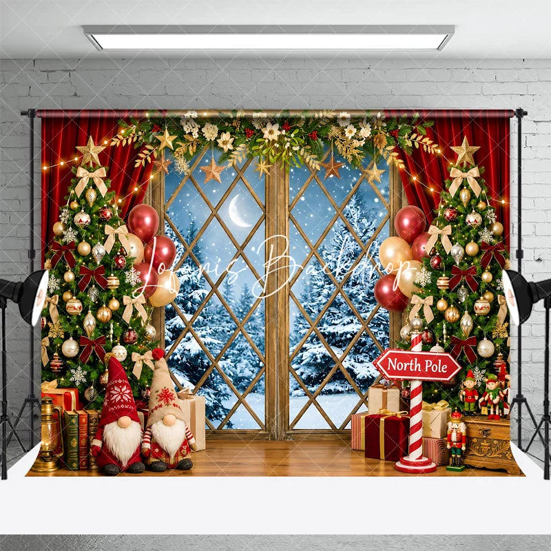 Lofaris Festive Christmas Tree and Snowy Window Holiday Backdrop Winter Wonderland Decor with Gnomes North Pole Sign