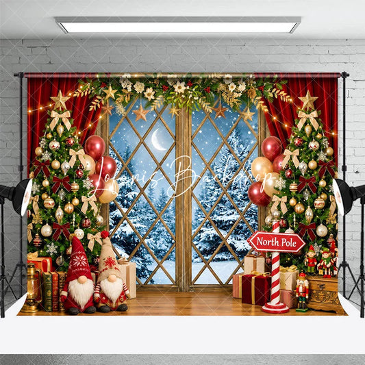 Lofaris Festive Christmas Tree and Snowy Window Holiday Backdrop Winter Wonderland Decor with Gnomes North Pole Sign